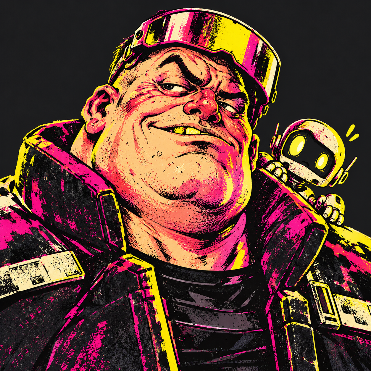 A smug cyberpunk bouncer with a nervous little robot